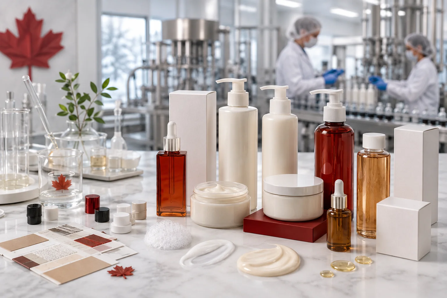 Various cosmetic product containers and samples displayed in a laboratory with manufacturing equipment and a red maple leaf in the background.